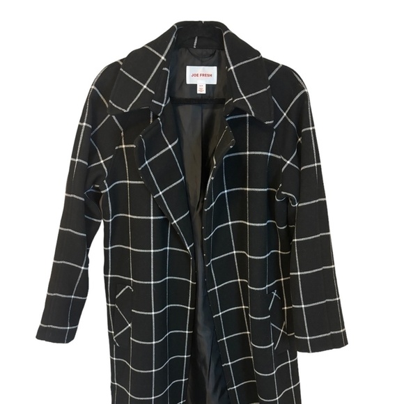 Joe Fresh Black & White Plaid Open Front Long Oversized Jacket Coat Sz Small - Picture 7 of 9